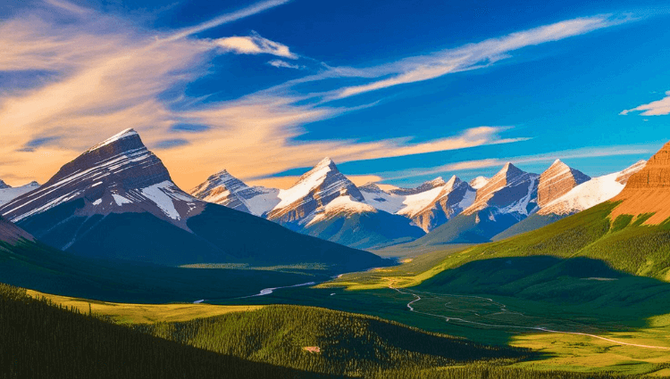 Alberta Travel Trends 2025- This is another breathtaking landscape showcasing a series of towering, snow-capped mountains under a vibrant sky.