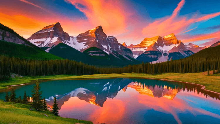 
Alberta Travel Trends 2025-This is a breathtaking image of the Canadian Rockies at sunset, featuring a serene mountain landscape reflected in a tranquil lake. 