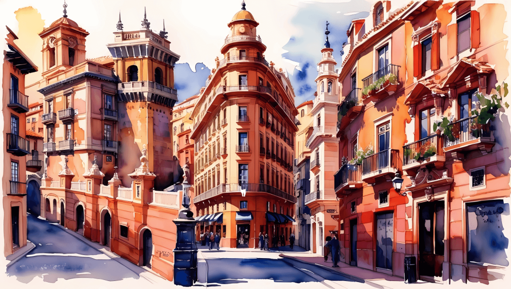 Best of Spain -the image! It looks like a beautifully stylized European cityscape—perhaps Spanish or Italian inspired—with vibrant orange and terracotta buildings, elegant balconies, and classic architecture.
