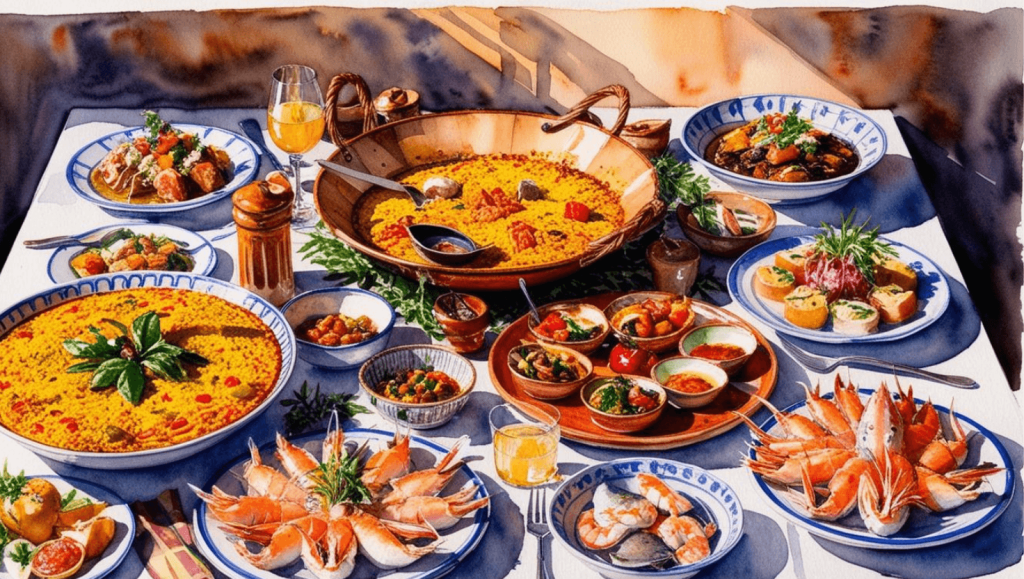 The Best of Spain-You’ve got vibrant seafood (those prawns pop!), golden rice dishes that resemble paella, savory roasted potatoes, fresh herbs, and crispy tapas—everything looks like it belongs in a sun-drenched coastal town where food is a celebration.