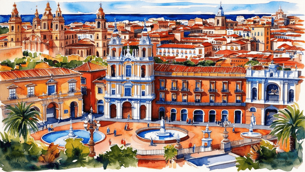 The Best of Spain-What a beautiful and vibrant scene! This looks like a watercolor-style illustration of a European city square—maybe something Mediterranean like a coastal town in Spain or Italy