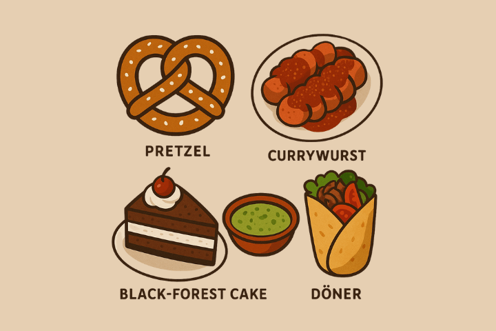 Germany on a Plate-the image you shared! It highlights four classic German foods that are not only famous but super easy to fall in love with: