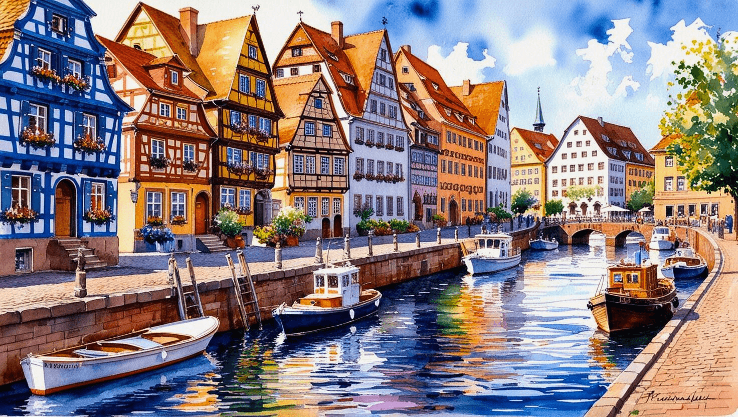 7 Unforgettable Places to Visit in Germany-this image, we see a charming European canal lined with old, half-timbered houses, painted in a rainbow of cheerful colors like blue, yellow, orange, and white.