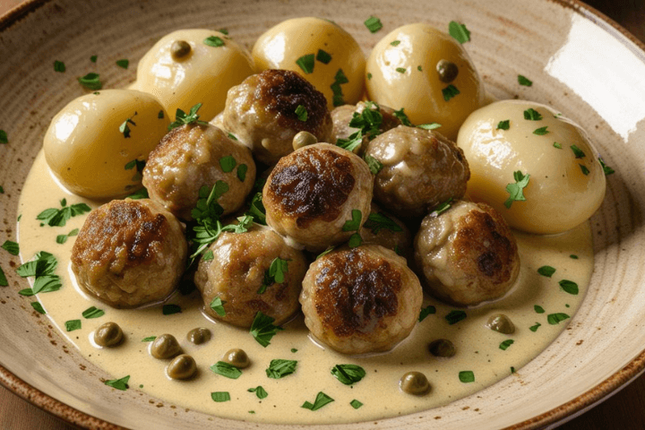 Germany on a Plate-the image show German comfort food classic—Königsberger Klopse!