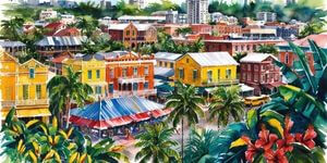 Budget Travel in Jamaica -this image looks like a lively Caribbean or tropical town with bold colonial-style buildings painted in bright yellows, reds, and blues.