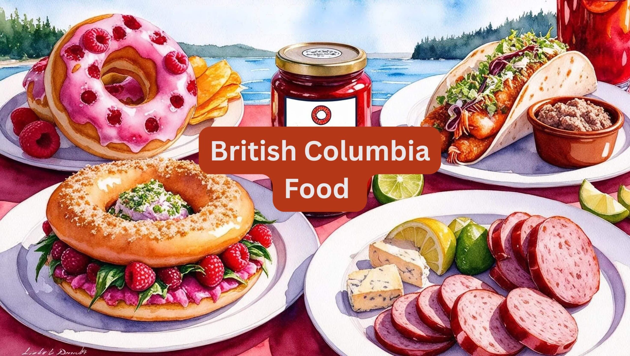Adventure Awaits -illustration labeled British Columbia Food.