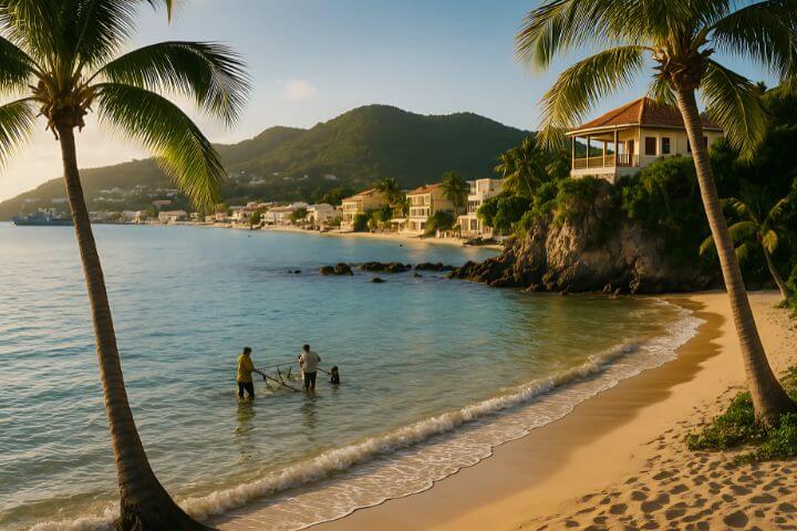 5 Reasons I Fell in Love -This image portrays a serene and picturesque beach scene at sunset in St. Martin. The golden hour lighting casts a warm glow over the landscape, enhancing the peaceful and welcoming mood.