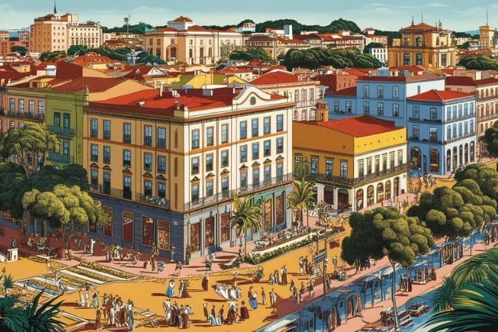 7 Ways Brazil Surprised Me -This image is a beautifully illustrated, vibrant cityscape capturing the charm of a historic Latin American town—likely inspired by Brazil or a similar Portuguese-influenced region. The scene is set in a sunlit plaza bustling with activity.