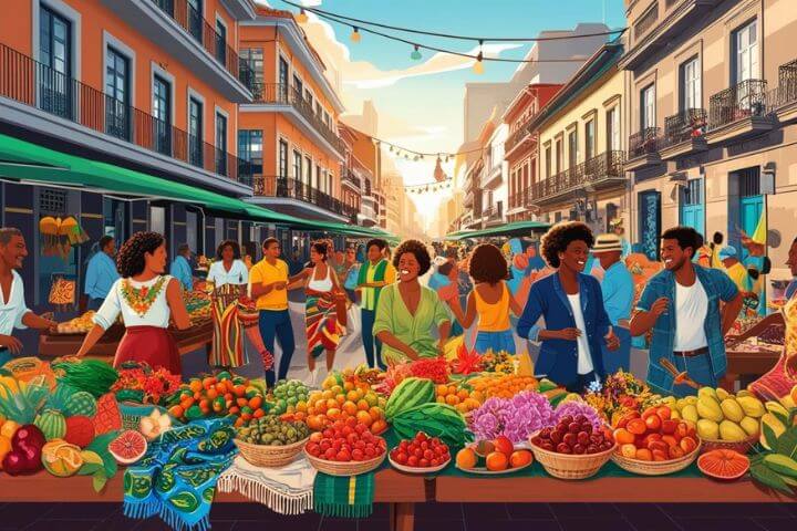 7 Ways Brazil Surprised Me -This image is a vibrant, digitally illustrated scene of a lively street market, likely inspired by a Latin American or Caribbean setting. The atmosphere is festive and full of life, with warm lighting that suggests a late afternoon or early evening sun.