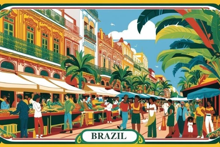 7 Ways Brazil Surprised Me -This image is a vibrant, illustrated postcard-style scene representing Brazil. It captures the lively energy of a bustling outdoor market set along a tropical street lined with colonial-style buildings. The architecture features ornate balconies, bright pastel facades, and decorative details that reflect Brazil’s rich cultural heritage.