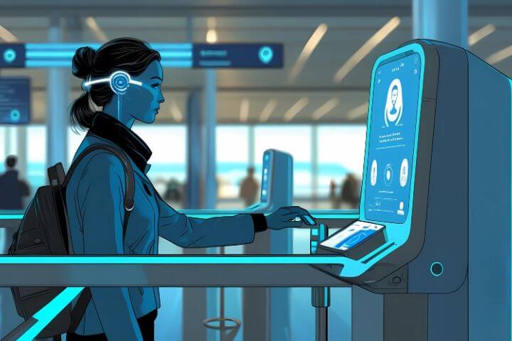 Biometric Airport Checks 2025-This image shows a futuristic biometric checkpoint at what appears to be an airport or secure border facility. The scene captures the integration of advanced technology and streamlined travel verification.
