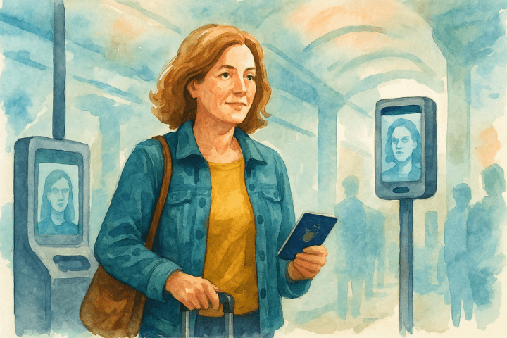 Flying to the UK Just Got Easier - The Illustration shows a woman navigating a modern, tech-enhanced airport border checkpoint
