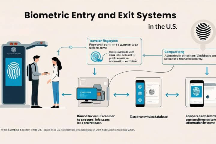 Biometric Airport Checks 2025-This image illustrates the Biometric Entry and Exit Systems in the U.S., showing how traveler identity is verified using biometric data during arrival and departure at borders.