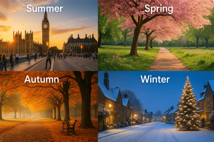 5 Best Months to Visit-This image is a collage showing the four seasons in the UK, each represented with a distinct scene and labeled with tex