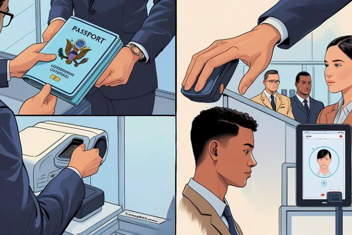 Biometric Airport Checks 2025-This image shows a step-by-step visual representation of the biometric entry process at an airport or border checkpoint. It’s broken into four panels, each capturing a key moment in the identity verification process using both physical documents and biometric data.