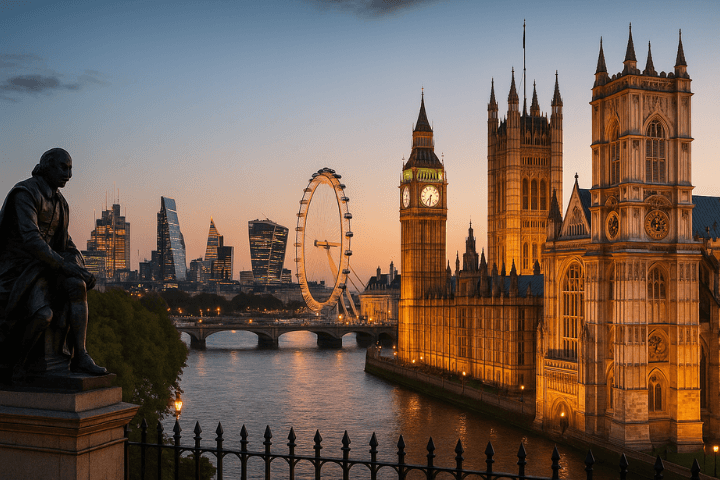 5 Best Months to Visit -This image is a stunning evening view of central London, capturing several of the city’s most iconic landmarks