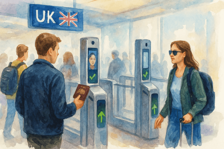 Flying to the UK Just Got Easier -The image depicts a modern UK airport border control area, illustrated in a watercolor style. Travelers are passing through biometric eGates, where facial recognition technology is being used to verify their identities.